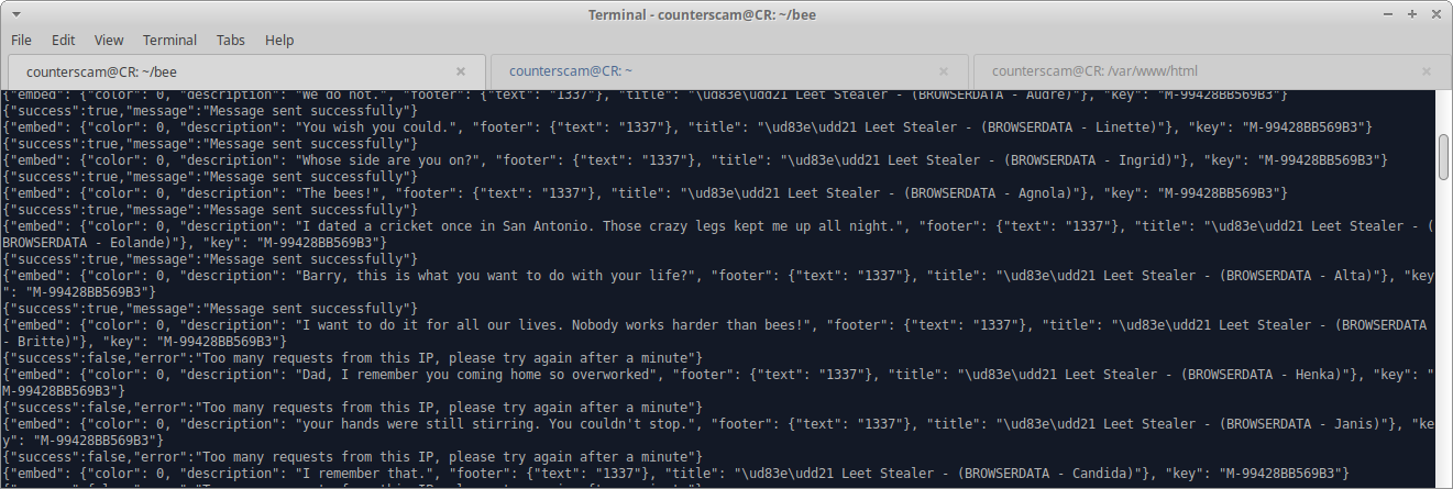 Screenshot of terminal running Python script, showing JSON payload of data being sent and responses from server